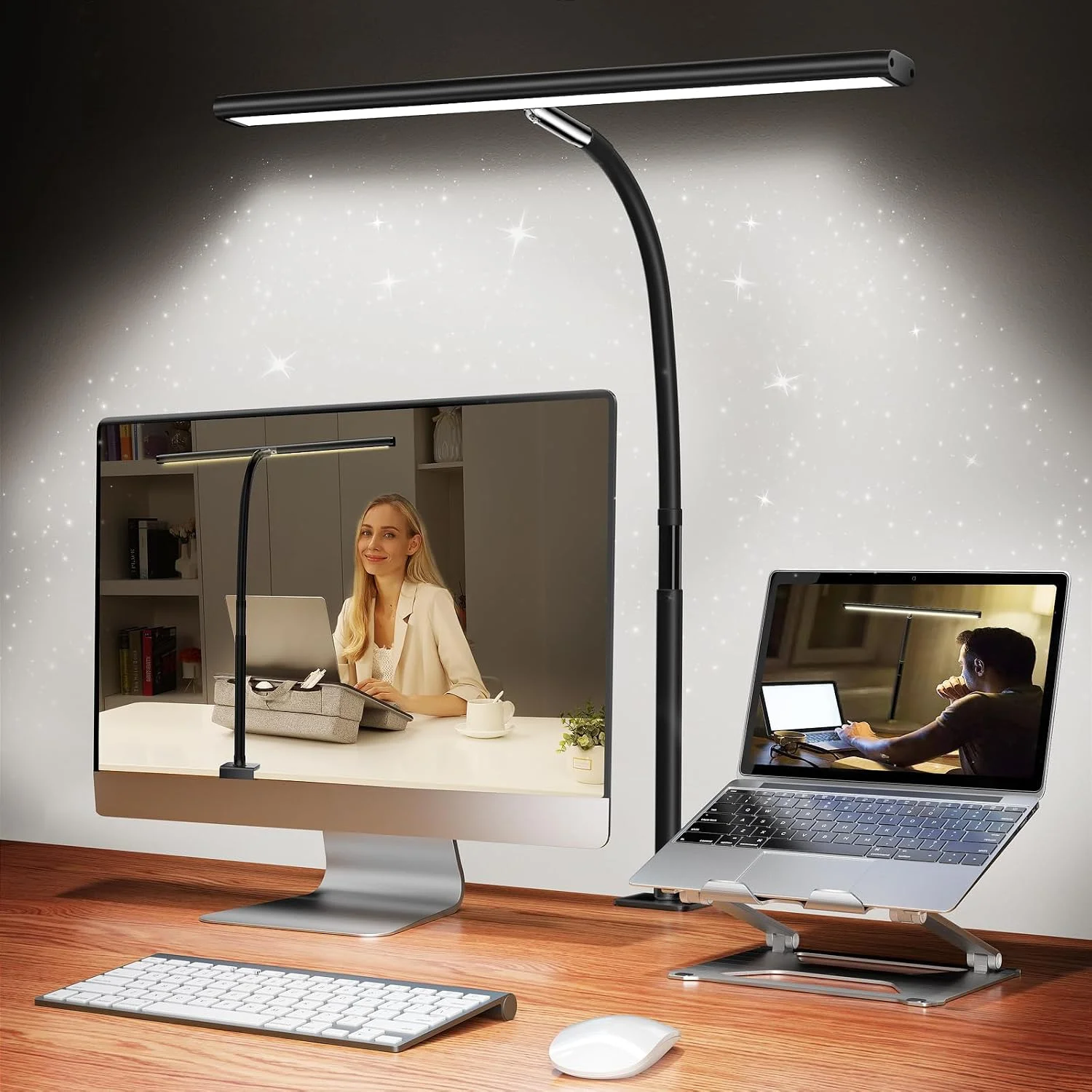 Airlonv 17" LED Desk Lamp with Clamp, Black, mounted on a modern home office desk illuminating a monitor setup.