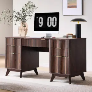 T4TREAM 60-Inch Dark Walnut L-Shaped Executive Desk front angle view