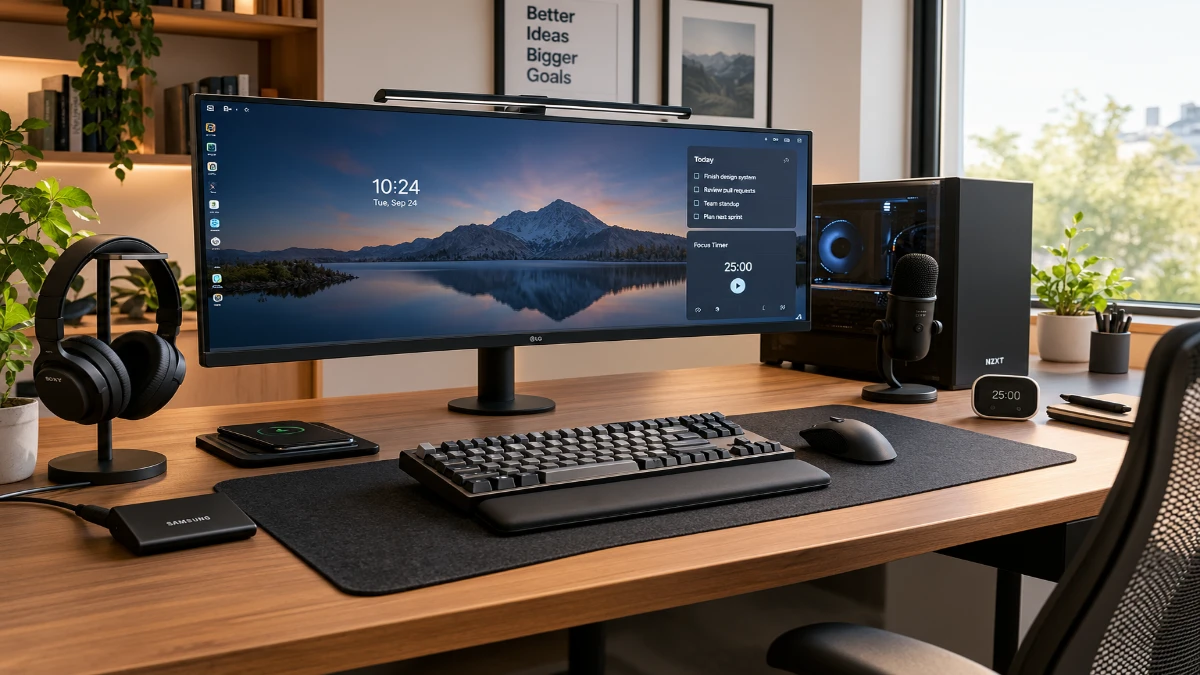High-performance digital workspace with ultra-wide monitor, mechanical keyboard, SSD, headphones, microphone, and organized accessories