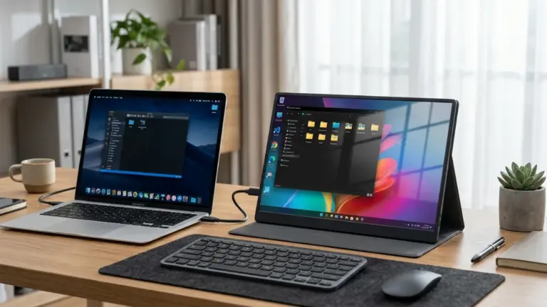 MNN 15.6-inch portable monitor beside a laptop on a home office desk