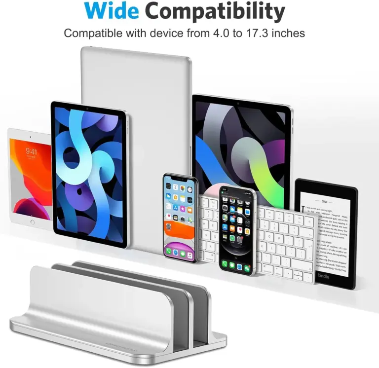 OMOTON dual vertical laptop stand holding two laptops on a modern desk