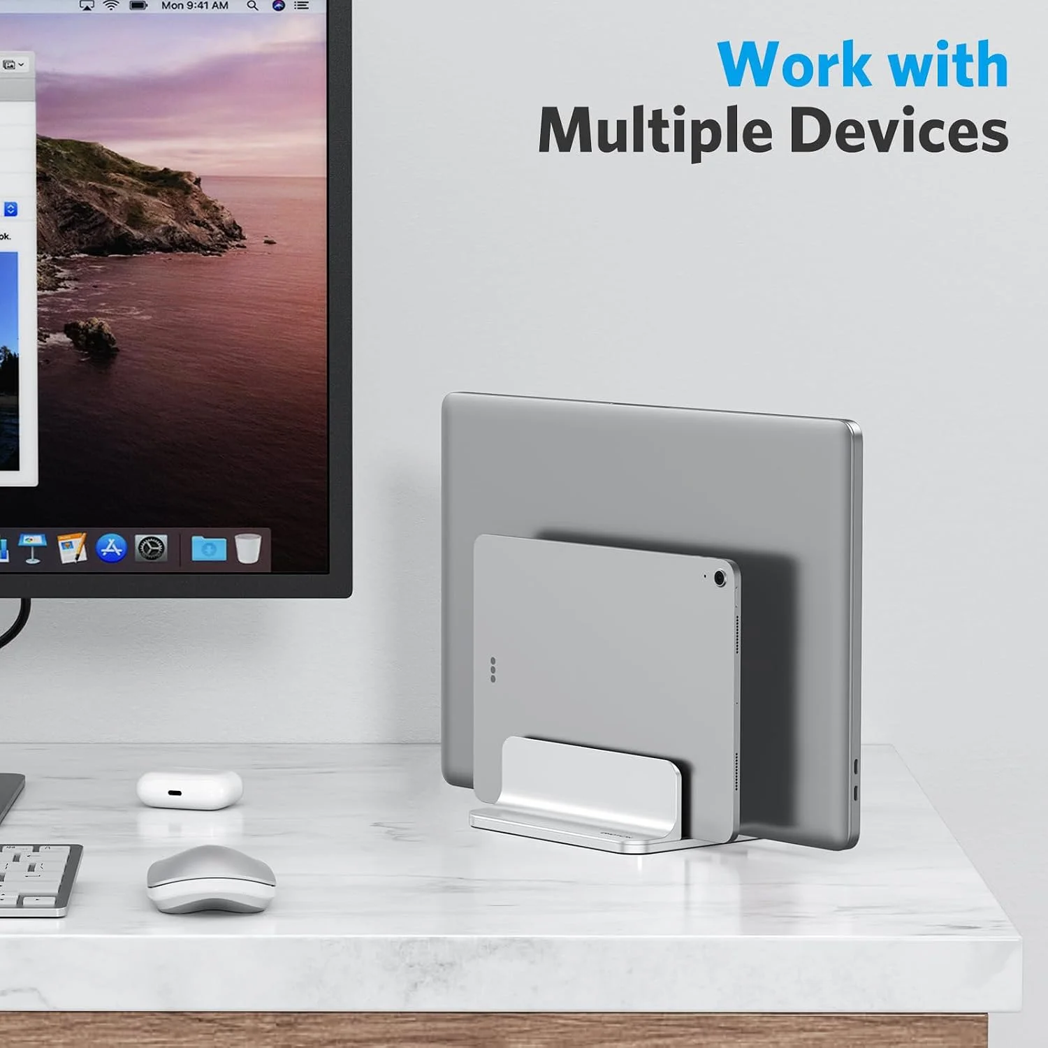 OMOTON dual vertical laptop stand holder in silver aluminum