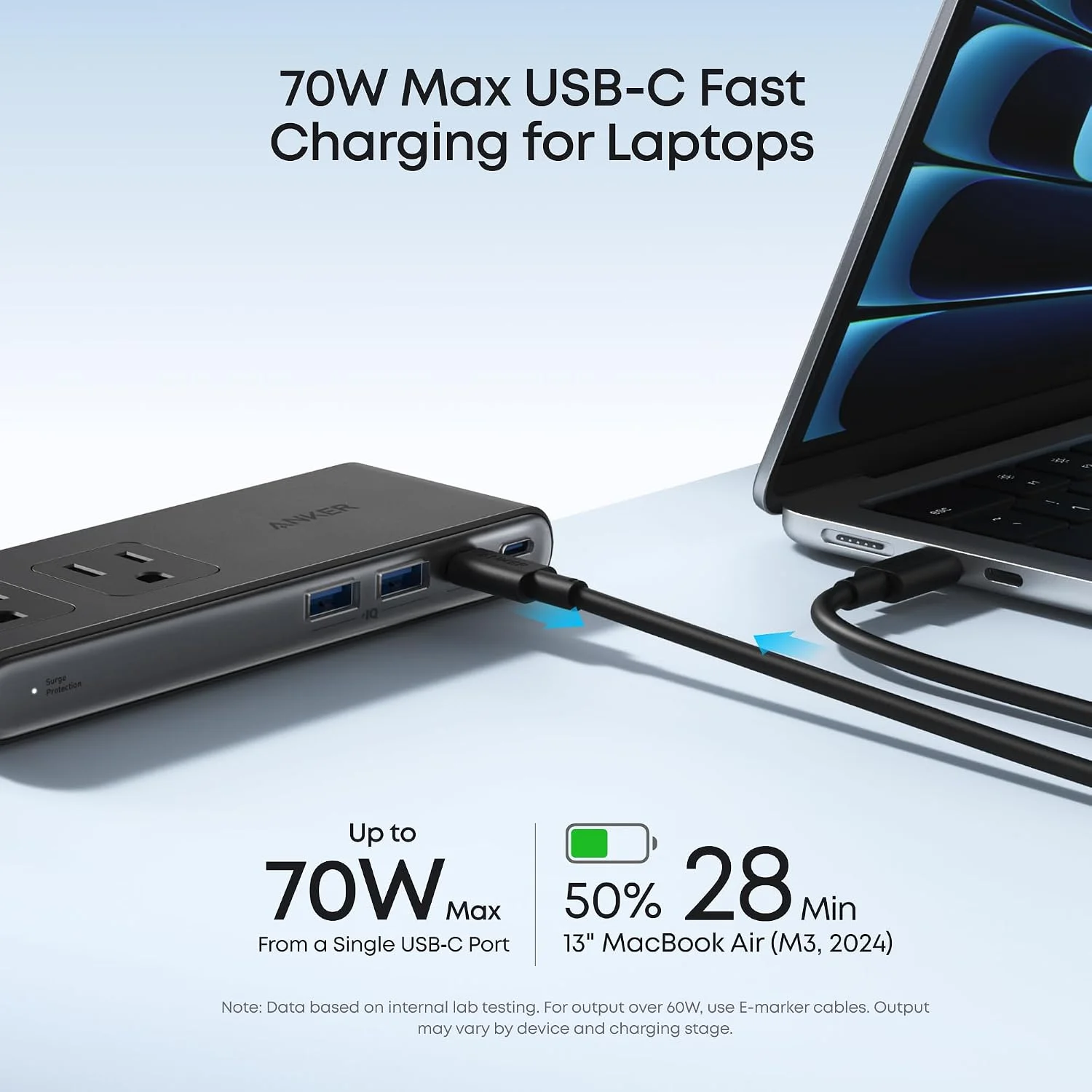 Anker Nano Power Strip with 70W USB-C fast charging for compatible laptops