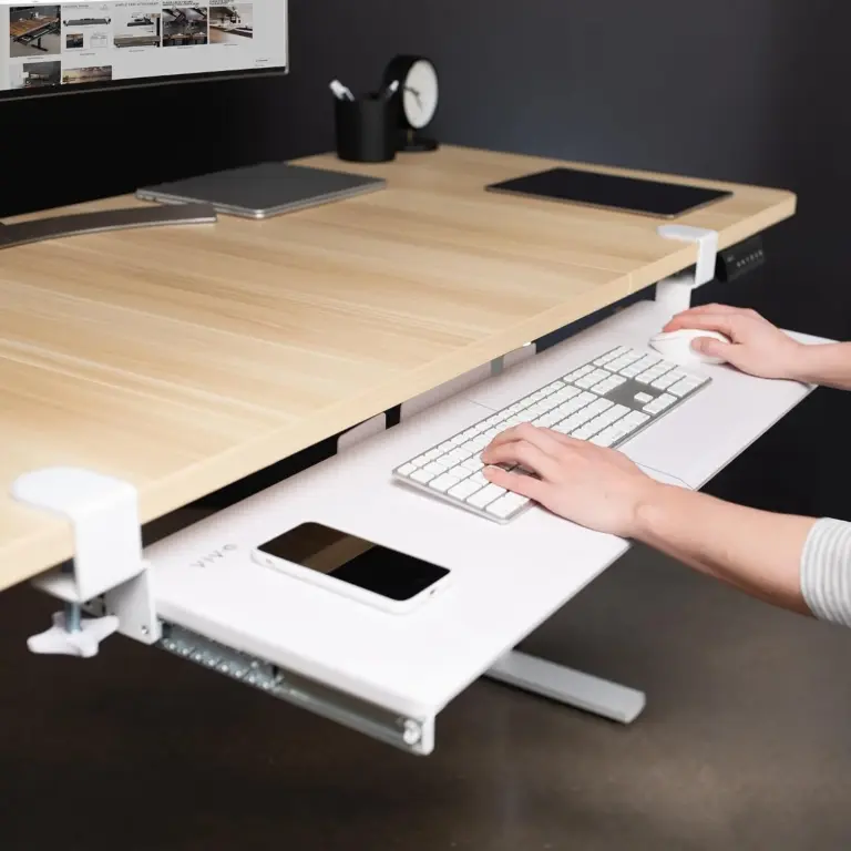 VIVO MOUNT-KB15EW white 34-inch clamp-on keyboard tray mounted under a desk