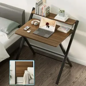GreenForest walnut folding desk with built-in shelf and metal legs