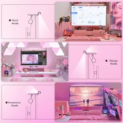 Quntis pink monitor light bar attached to a monitor to save desktop space