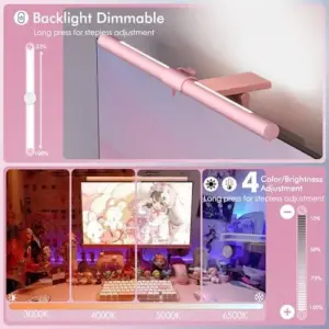 Quntis pink monitor light bar with backlight mounted on a computer monitor