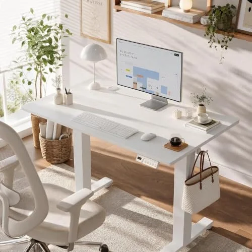 Claiks white standing desk with built-in cable management system