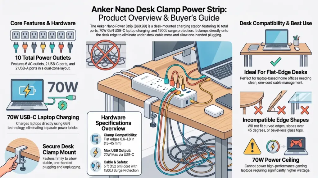 Close-up of a clamp-on desk power strip showing USB-C and USB-A charging ports