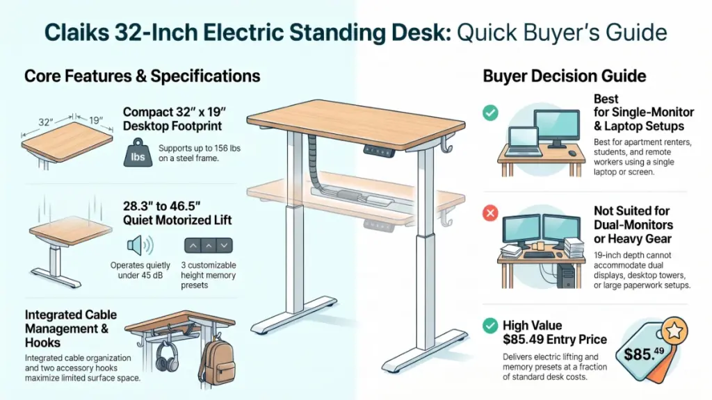 Claiks 32-inch white electric standing desk with laptop in a compact home office