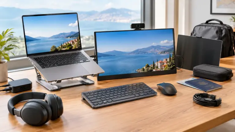 Work-from-anywhere remote office setup with laptop stand and portable monitor