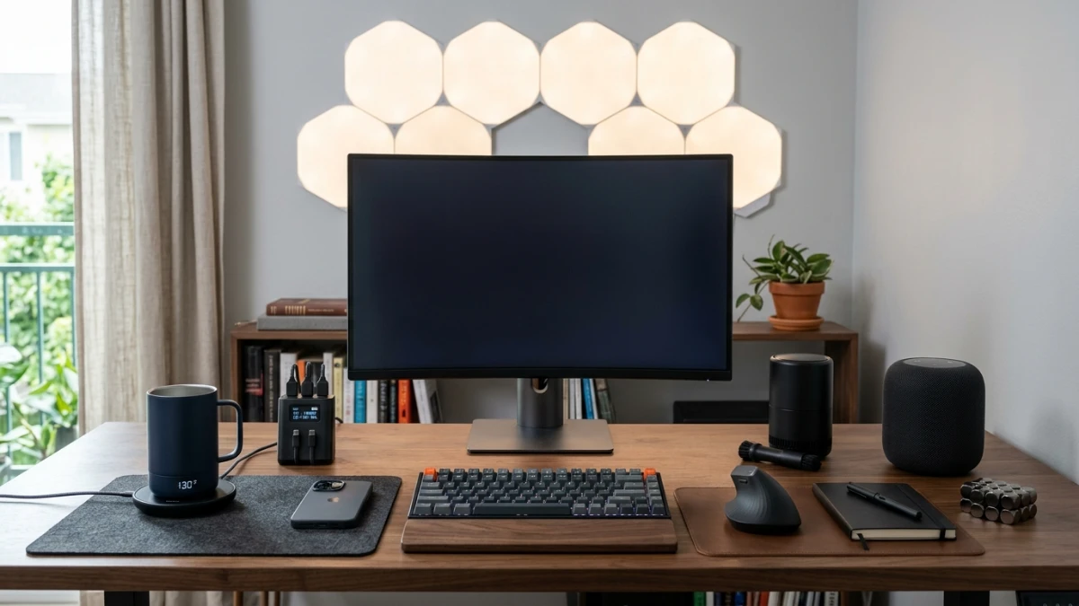 Modern desk setup with seven popular desk gadgets for remote work