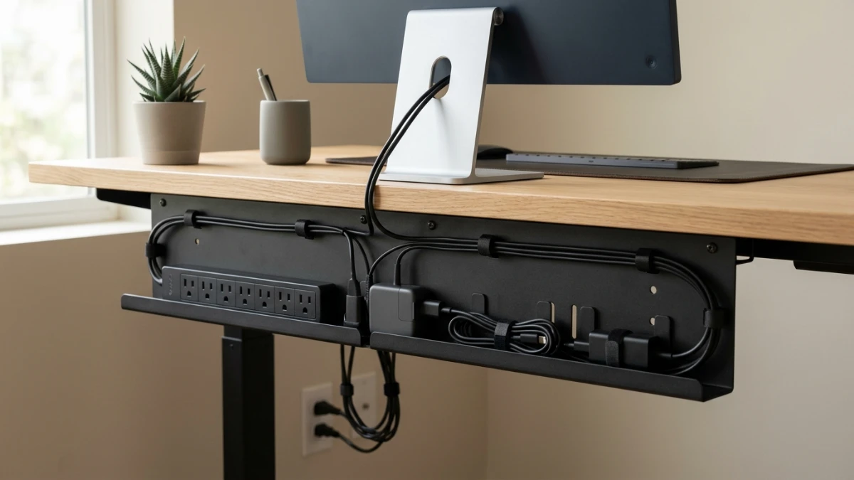 Under-desk cable management tray organizing a power strip, adapters, and cables beneath a modern wooden desk