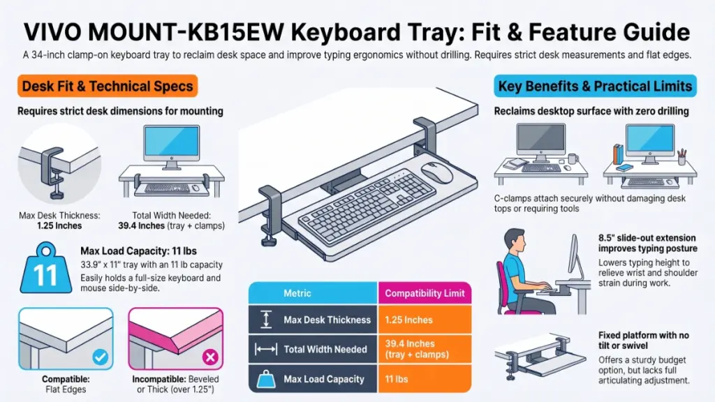 VIVO MOUNT-KB15EW C-clamp keyboard tray with keyboard and mouse
