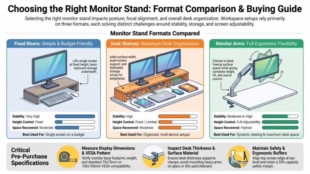 Black monitor riser and adjustable monitor arm with widescreen display on an organized home office desk