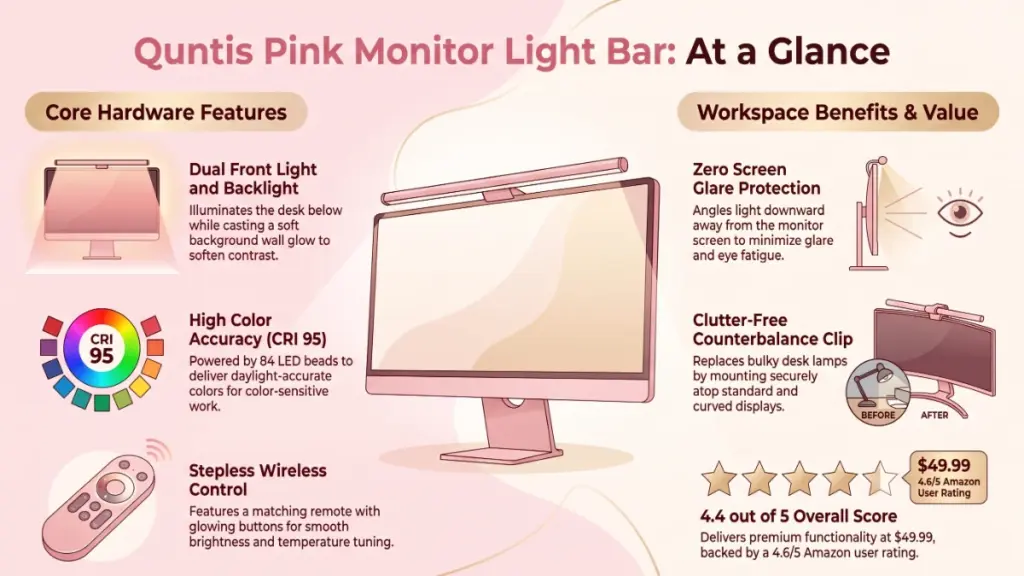 Quntis pink monitor light bar with matching remote mounted on a computer monitor