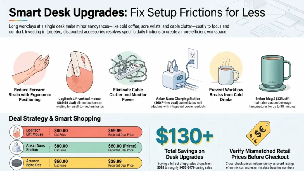 Remote work desk with ergonomic mouse, charging station, smart mug and ambient lighting