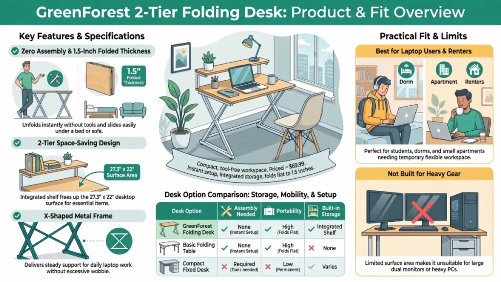 GreenForest walnut 2-tier folding desk with laptop, built-in shelf, and black X-shaped metal legs for a compact home office.