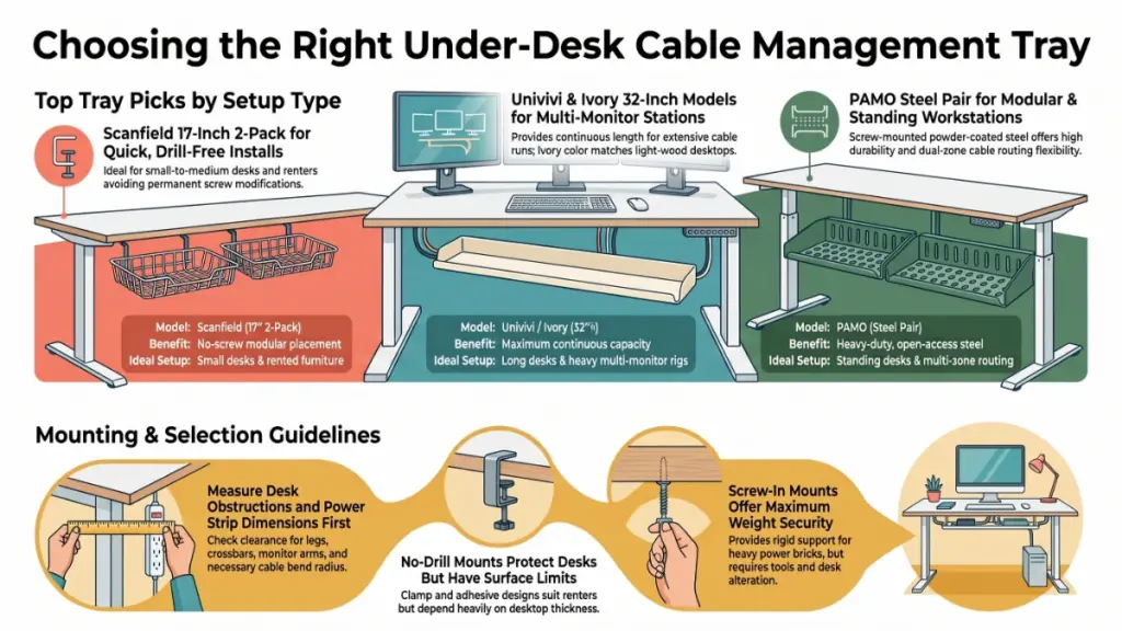 Five under-desk cable management trays in black and ivory with different lengths and mounting designs