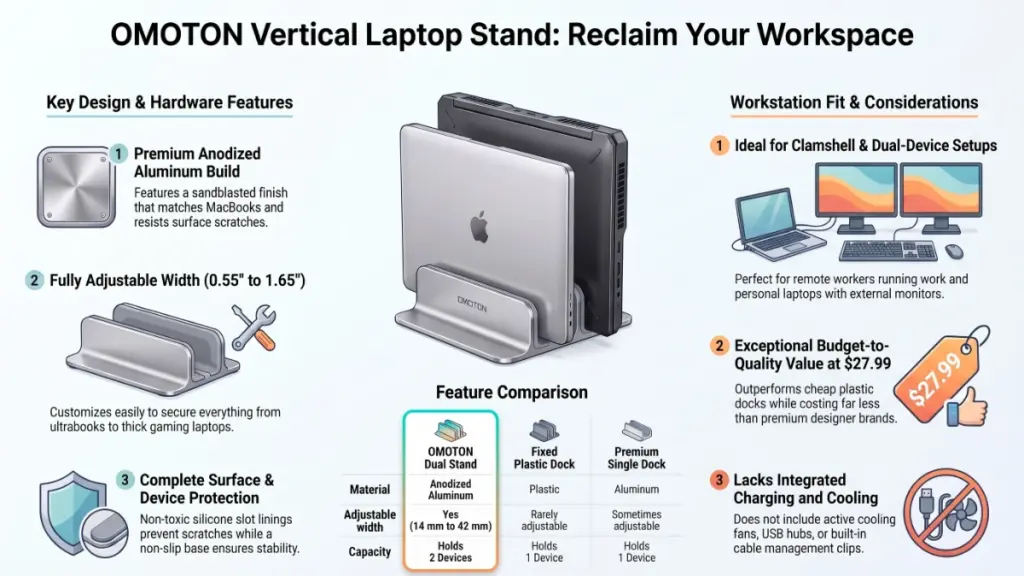 Silver OMOTON adjustable aluminum laptop stand with two vertical slots beside an external monitor